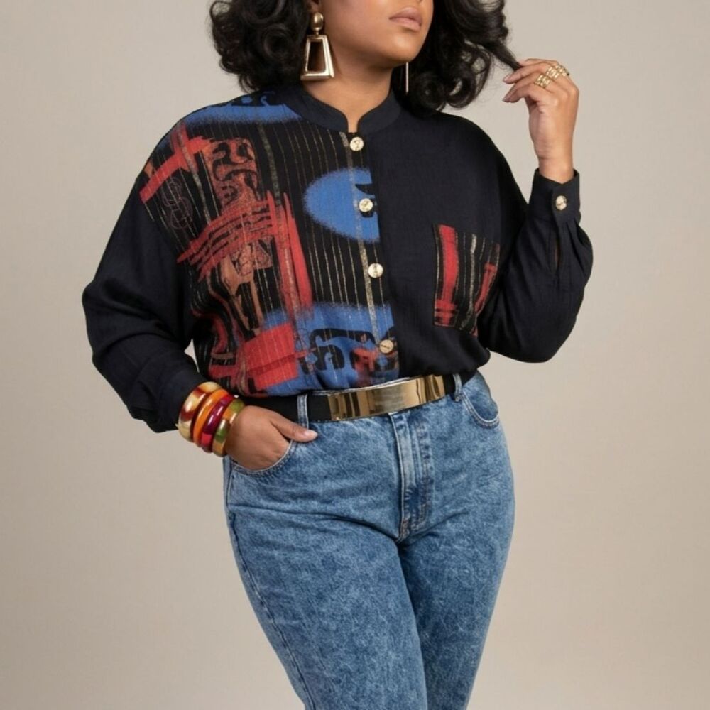 CM Shapes Vintage Black Long Sleeve Top Plus Size 3X Retro 80s Classic Hip Hop